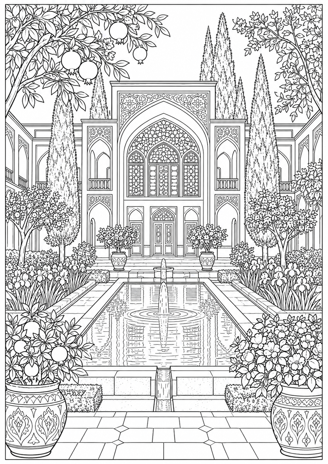 A Persian courtyard garden — black-and-white adult coloring page