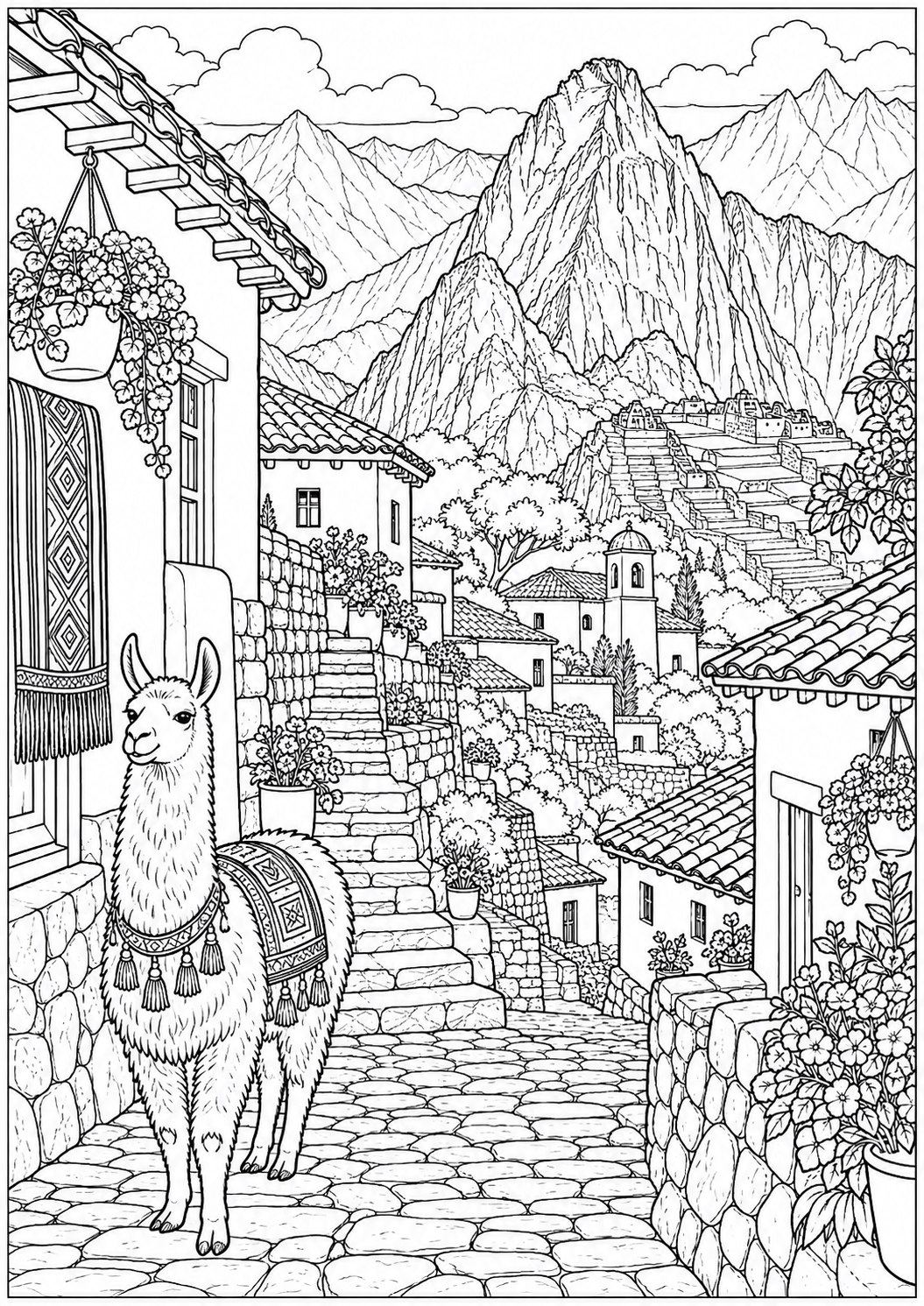 A Peruvian mountain village — black-and-white adult coloring page