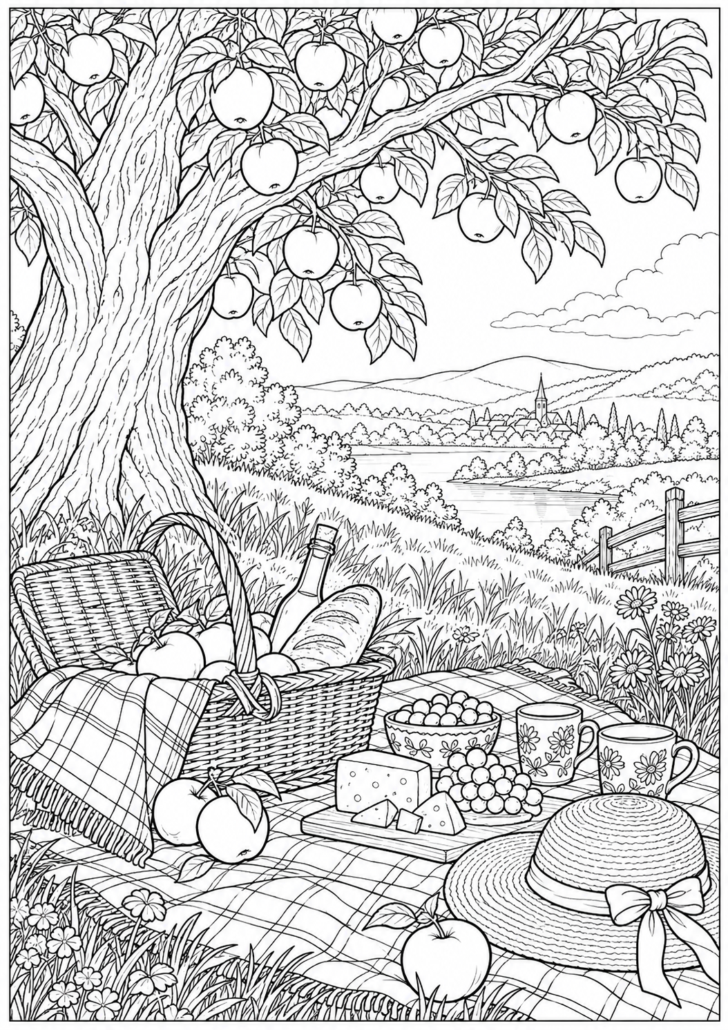 A picnic beneath an apple tree — black-and-white adult coloring page