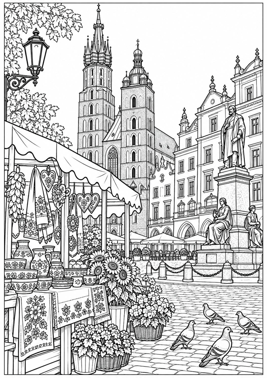 A Polish market square — black-and-white adult coloring page