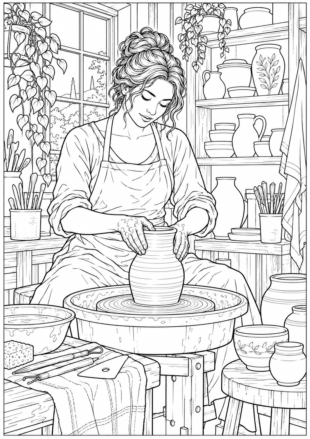 A potter in a workshop — black-and-white adult coloring page