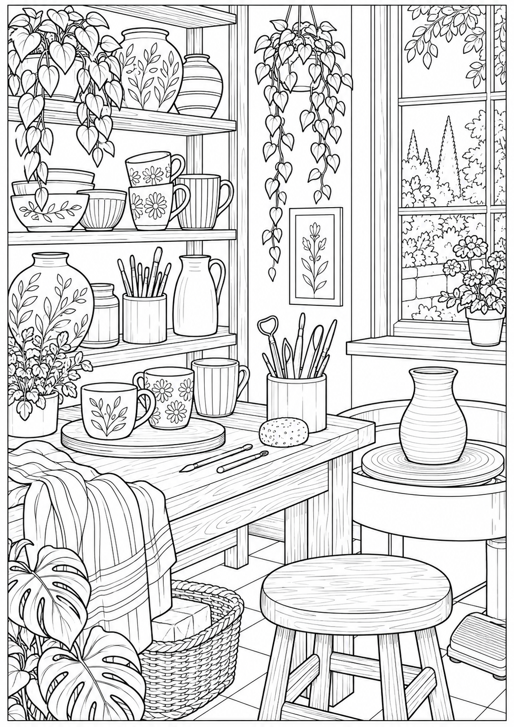A pottery corner with cups — black-and-white adult coloring page