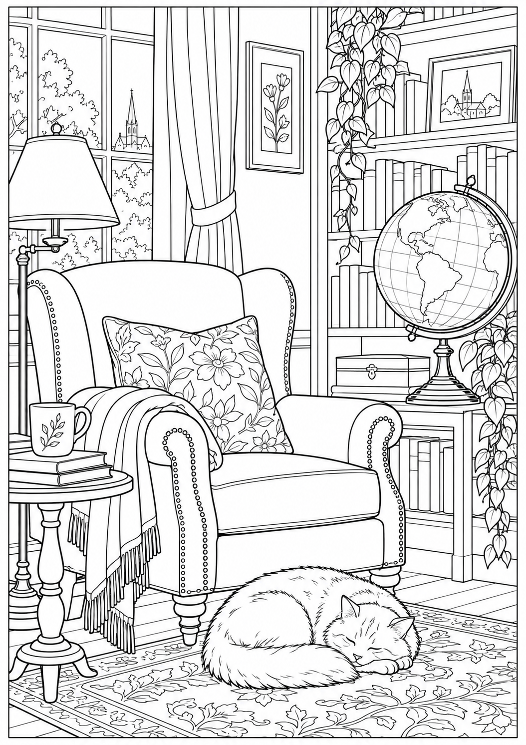 A quiet reading corner with a globe — black-and-white adult coloring page