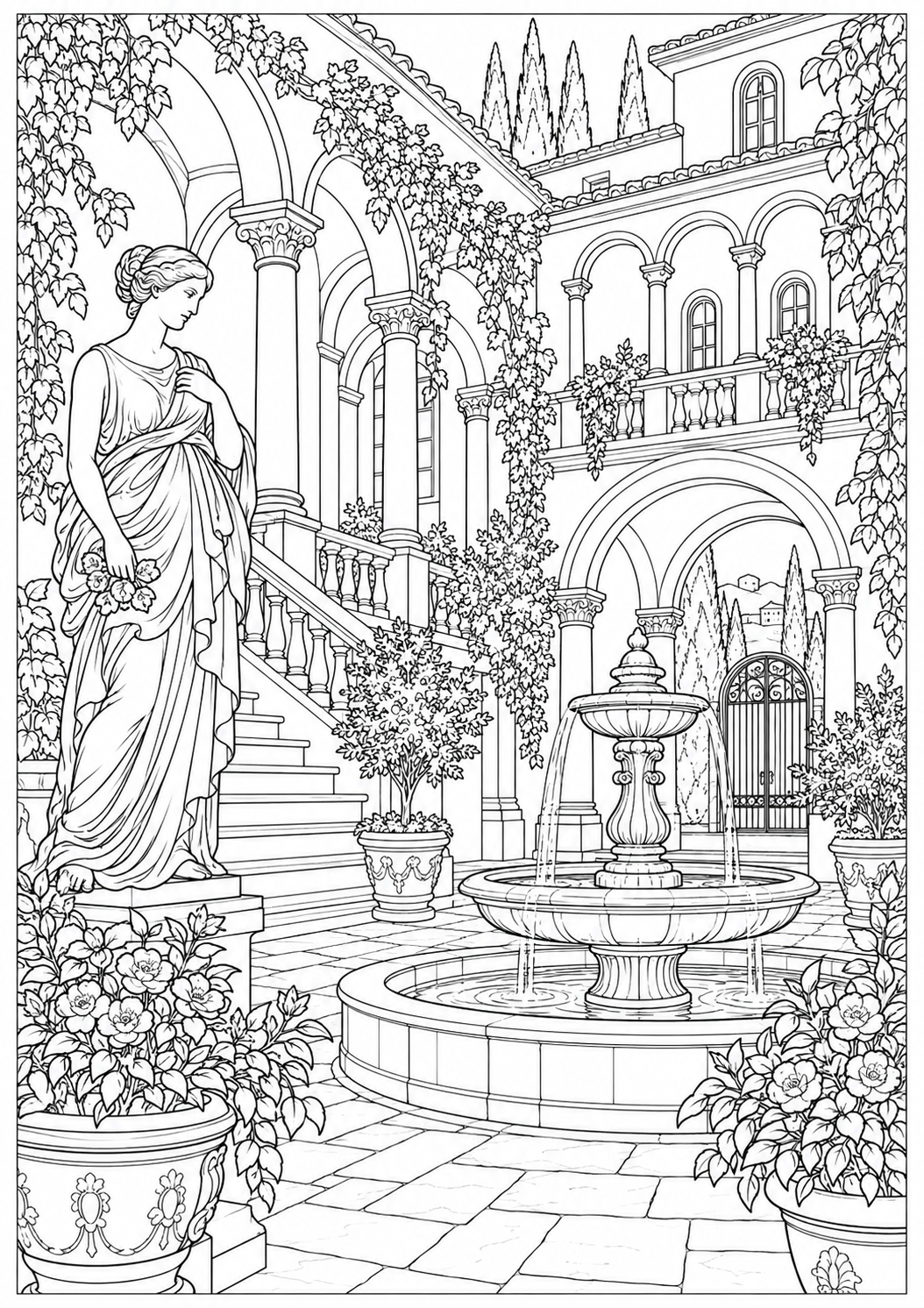 A Renaissance inspired courtyard — black-and-white adult coloring page
