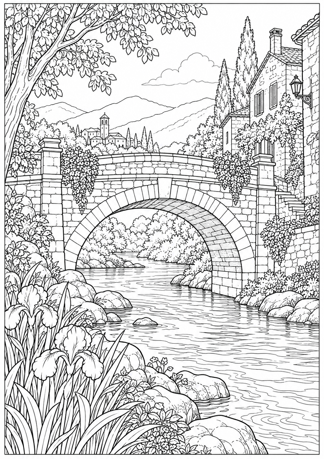 A river with a stone bridge — black-and-white adult coloring page
