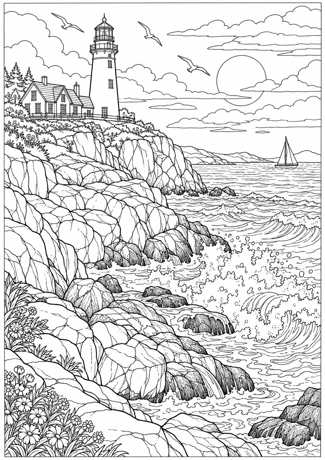 A rocky coast with waves — black-and-white adult coloring page