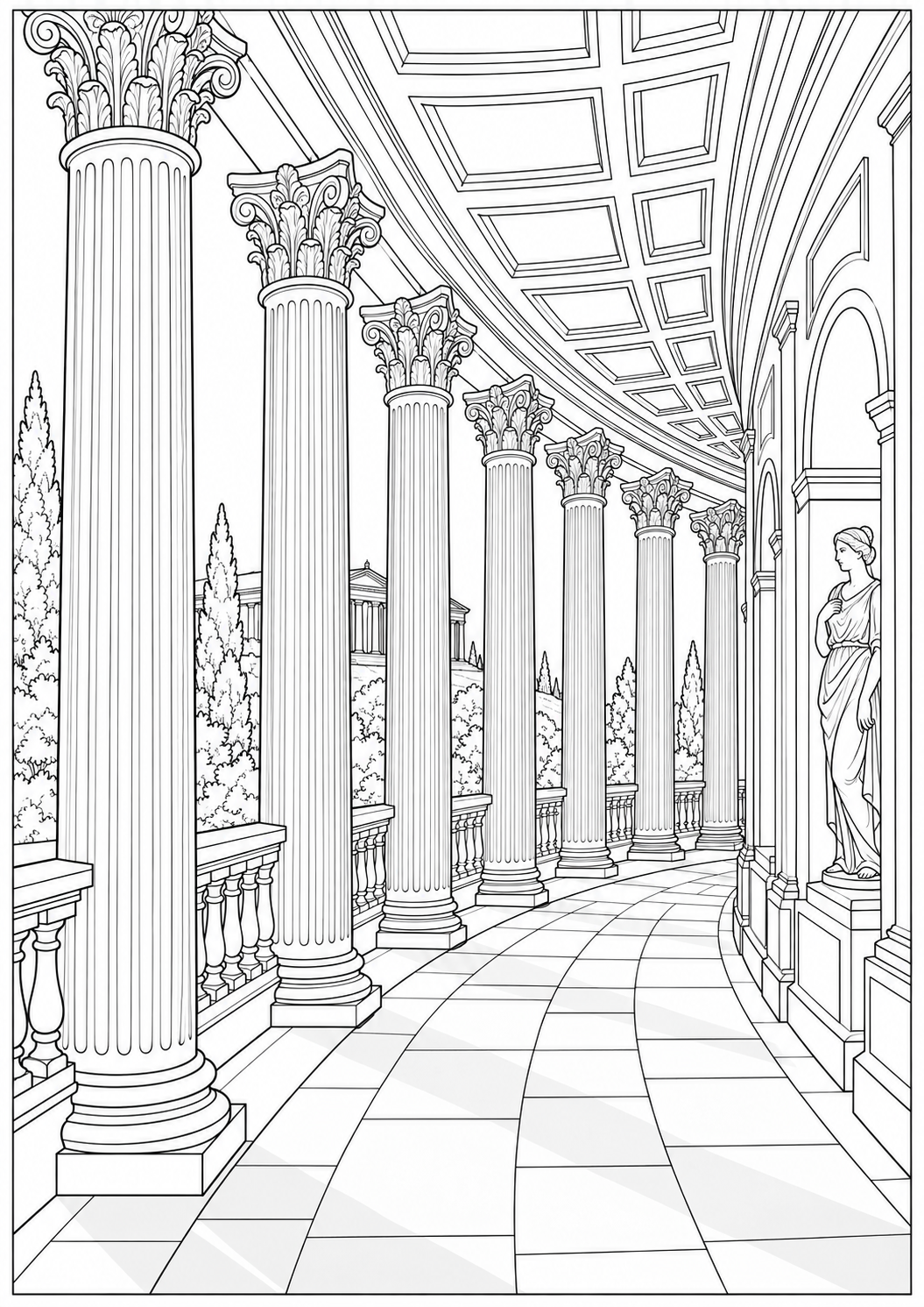 A Roman colonnade — black-and-white adult coloring page
