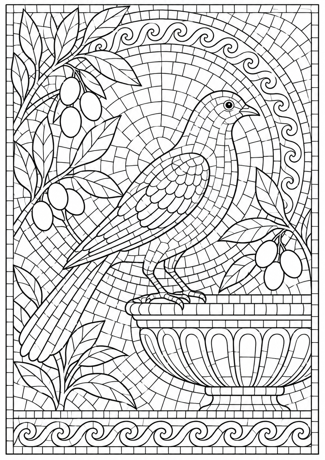 A Roman inspired bird mosaic — black-and-white adult coloring page