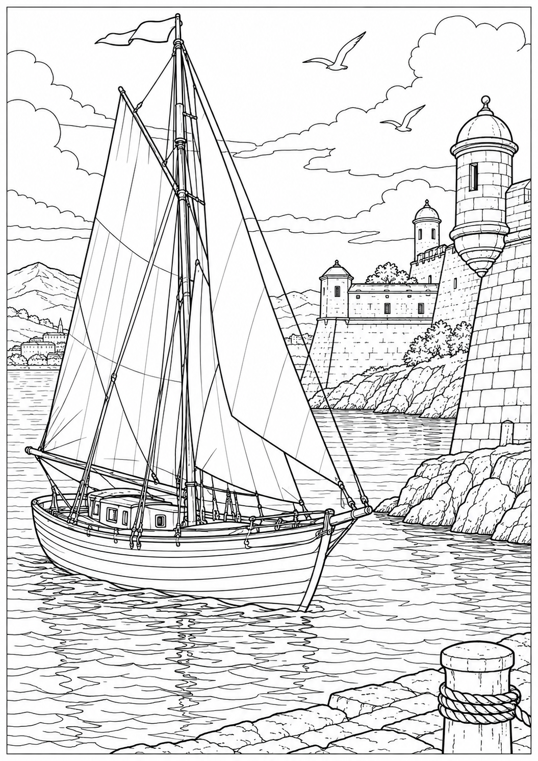 A sailing boat by an old fort — black-and-white adult coloring page