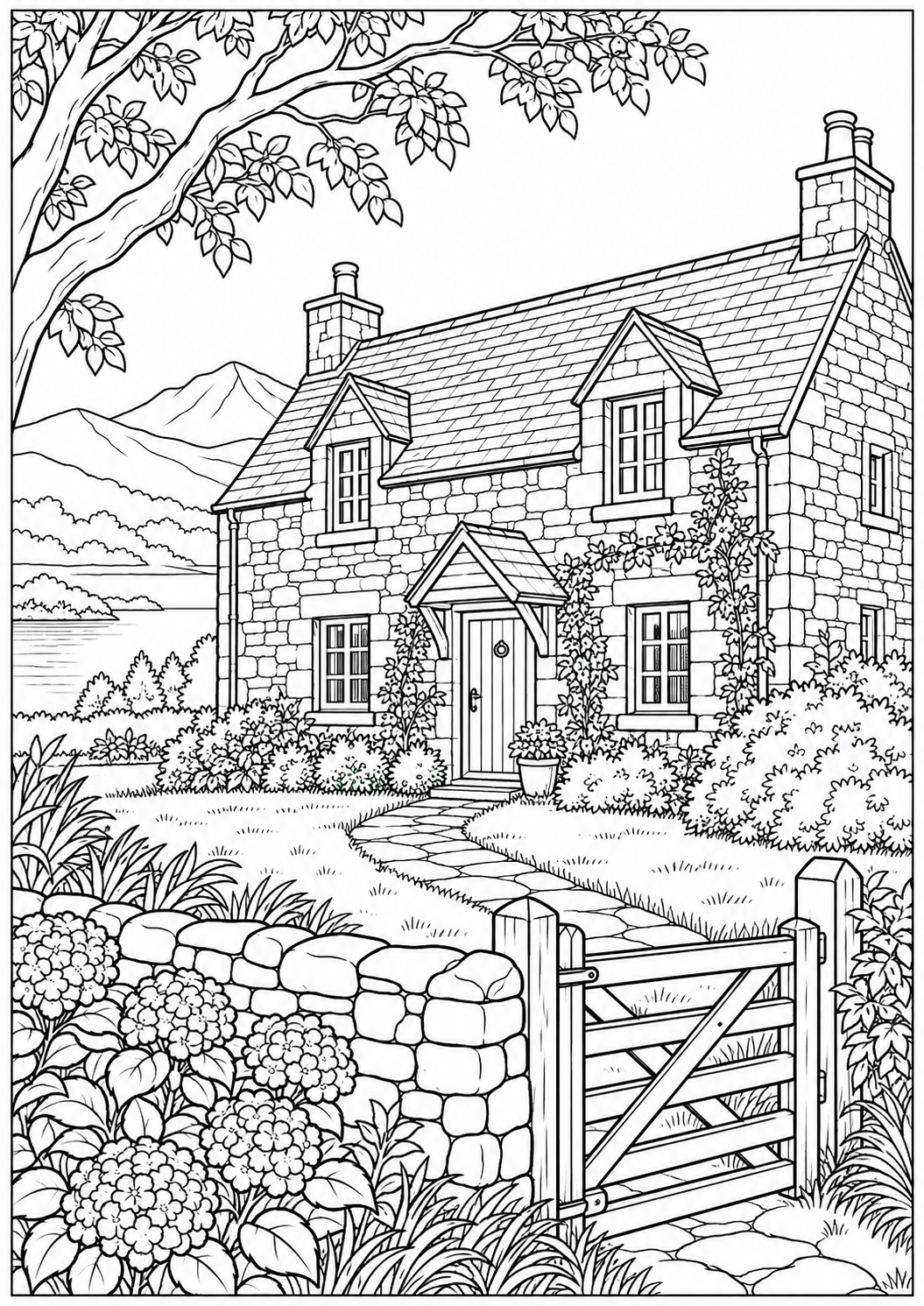 A Scottish stone farmhouse — black-and-white adult coloring page