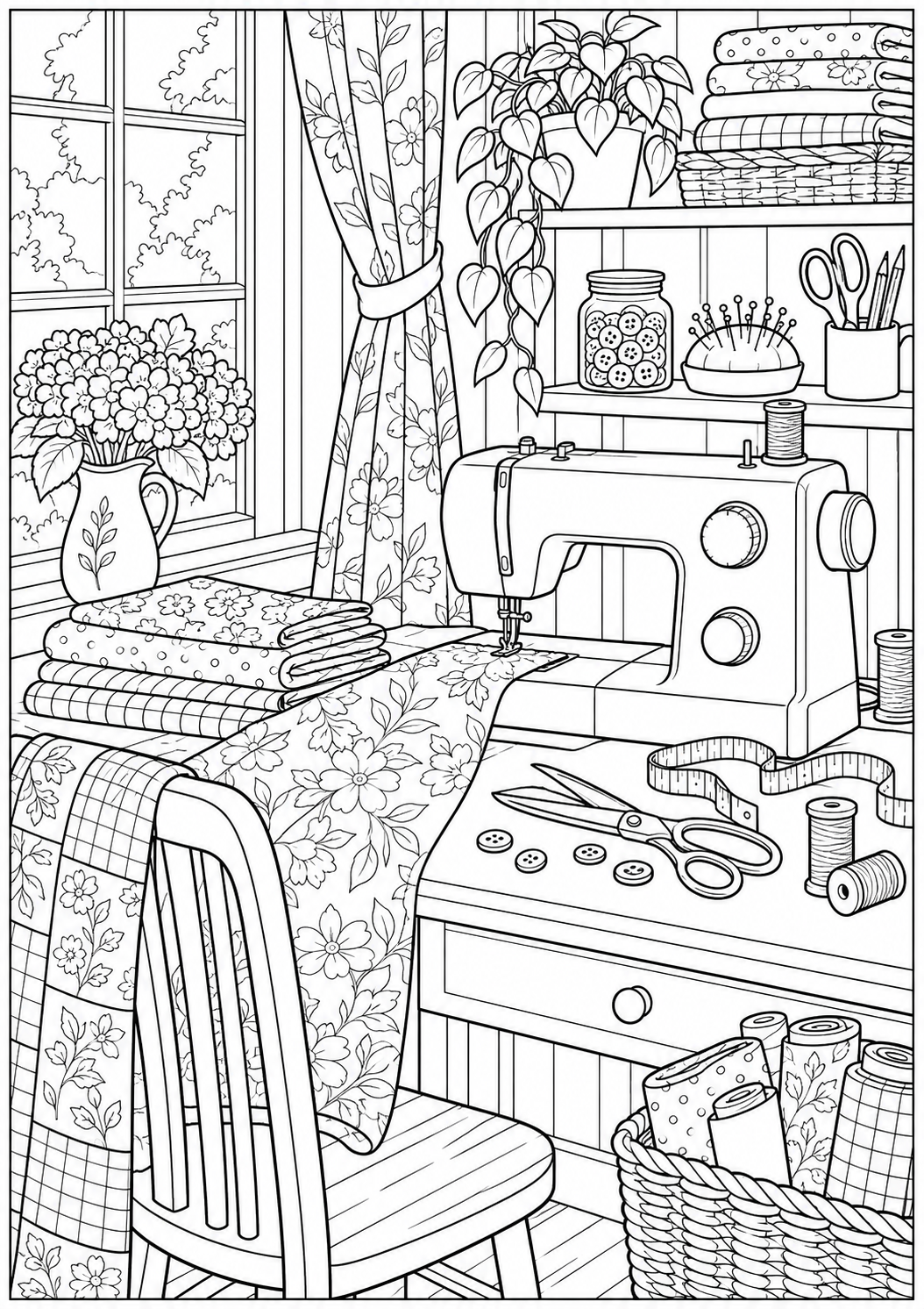 A sewing corner with fabric pieces — black-and-white adult coloring page
