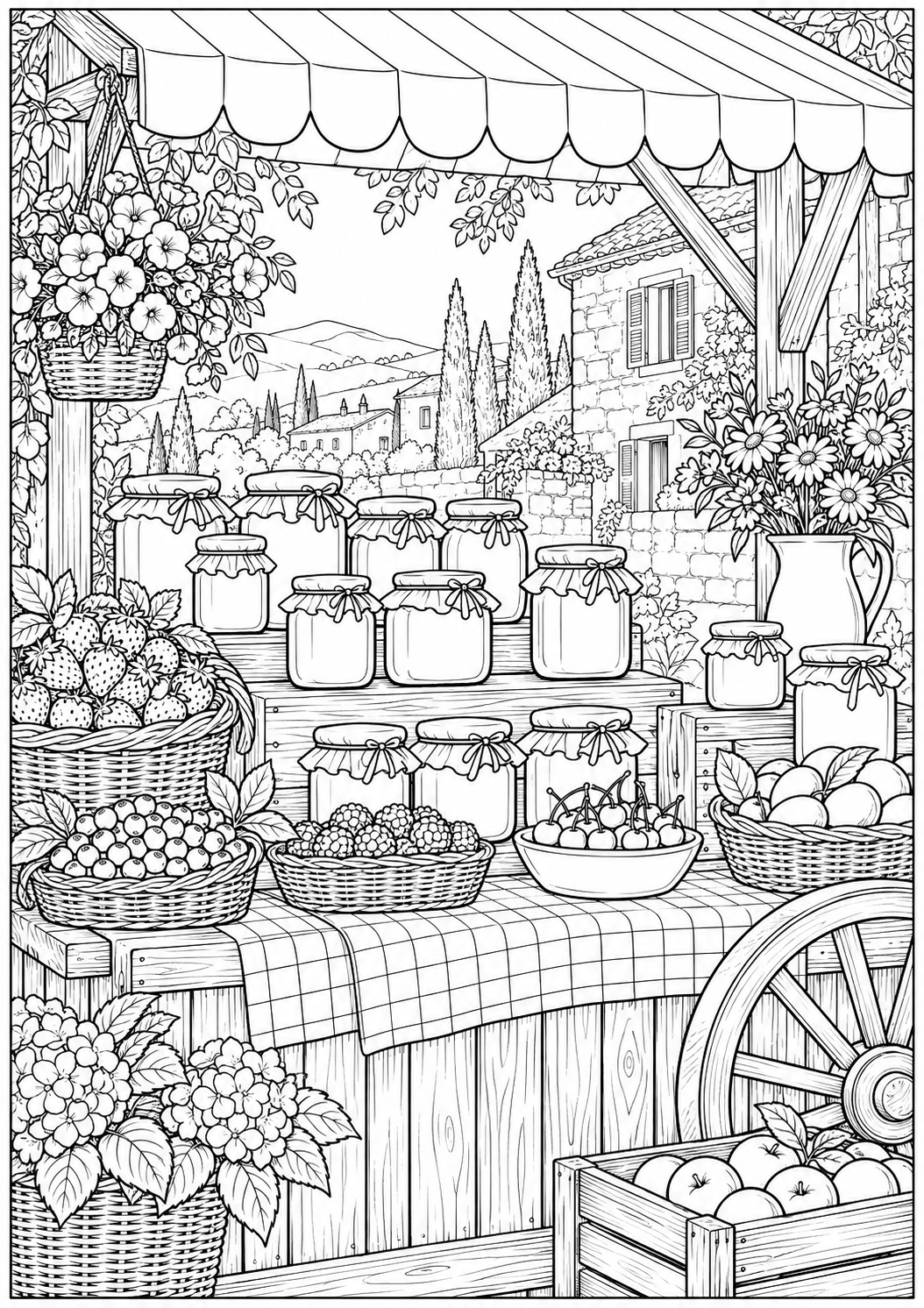 A stall with homemade jam — black-and-white adult coloring page