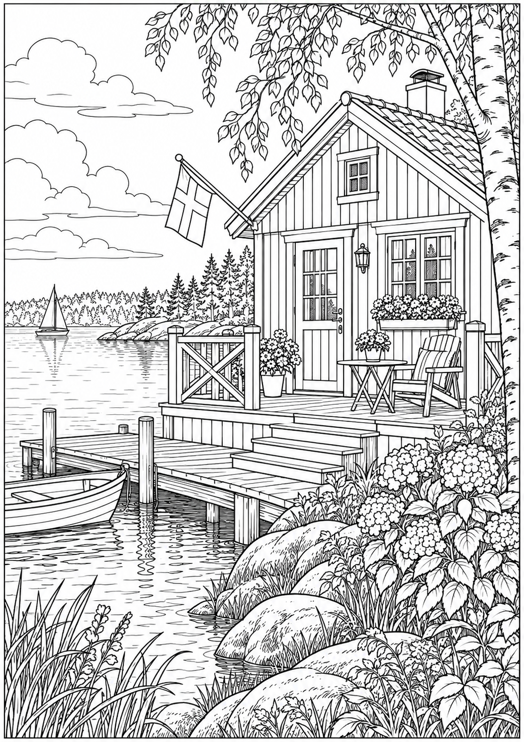 A Swedish wooden summer house — black-and-white adult coloring page