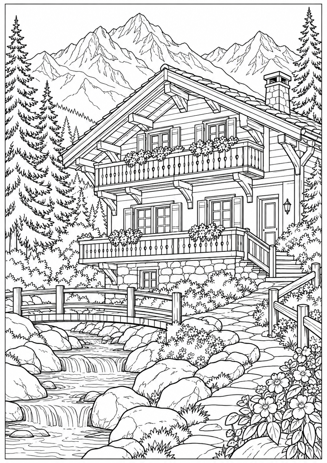 A Swiss mountain chalet — black-and-white adult coloring page