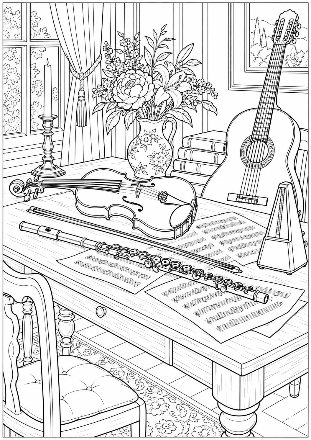 A table with musical instruments — black-and-white adult coloring page