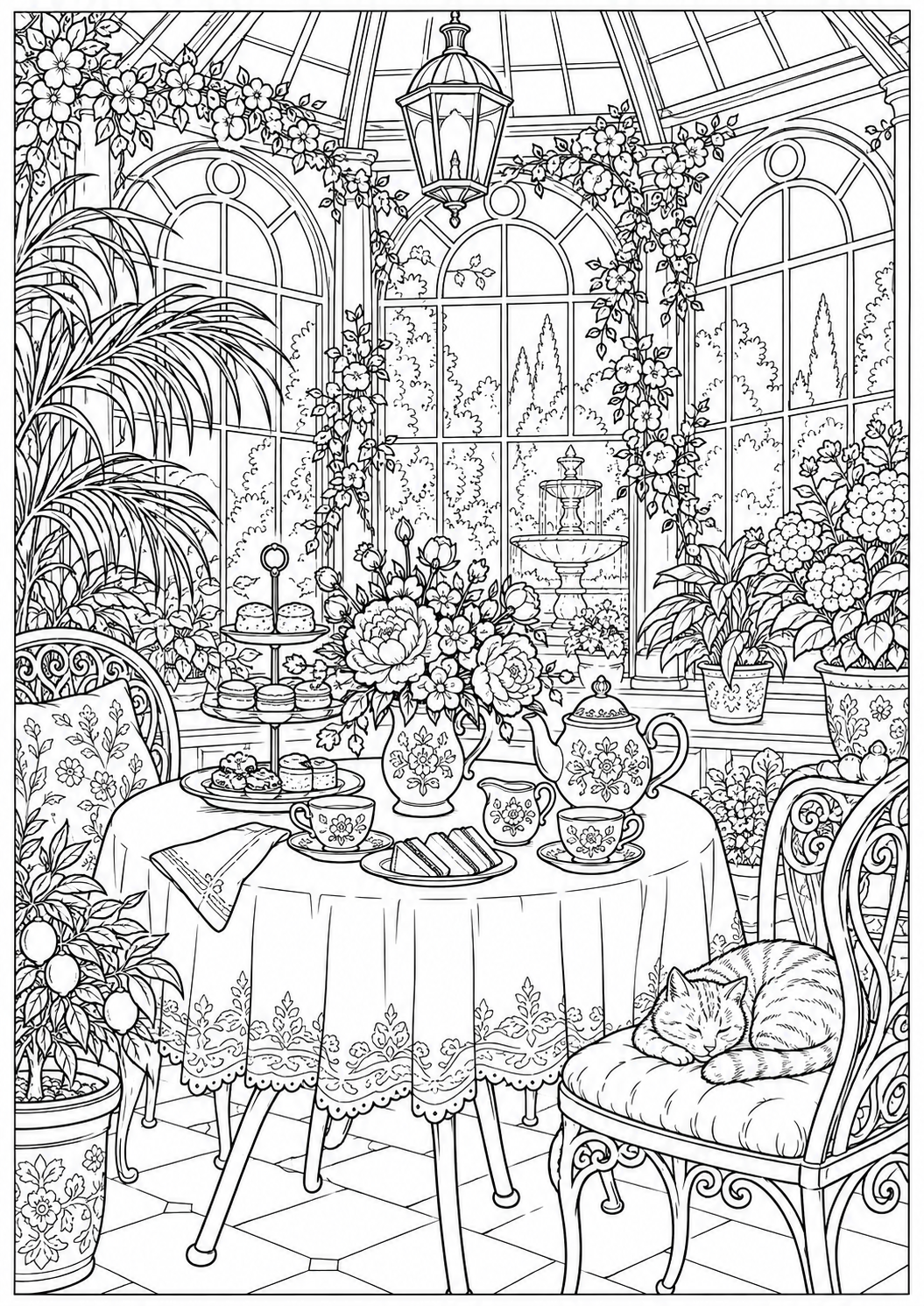 A tea table in a conservatory — black-and-white adult coloring page