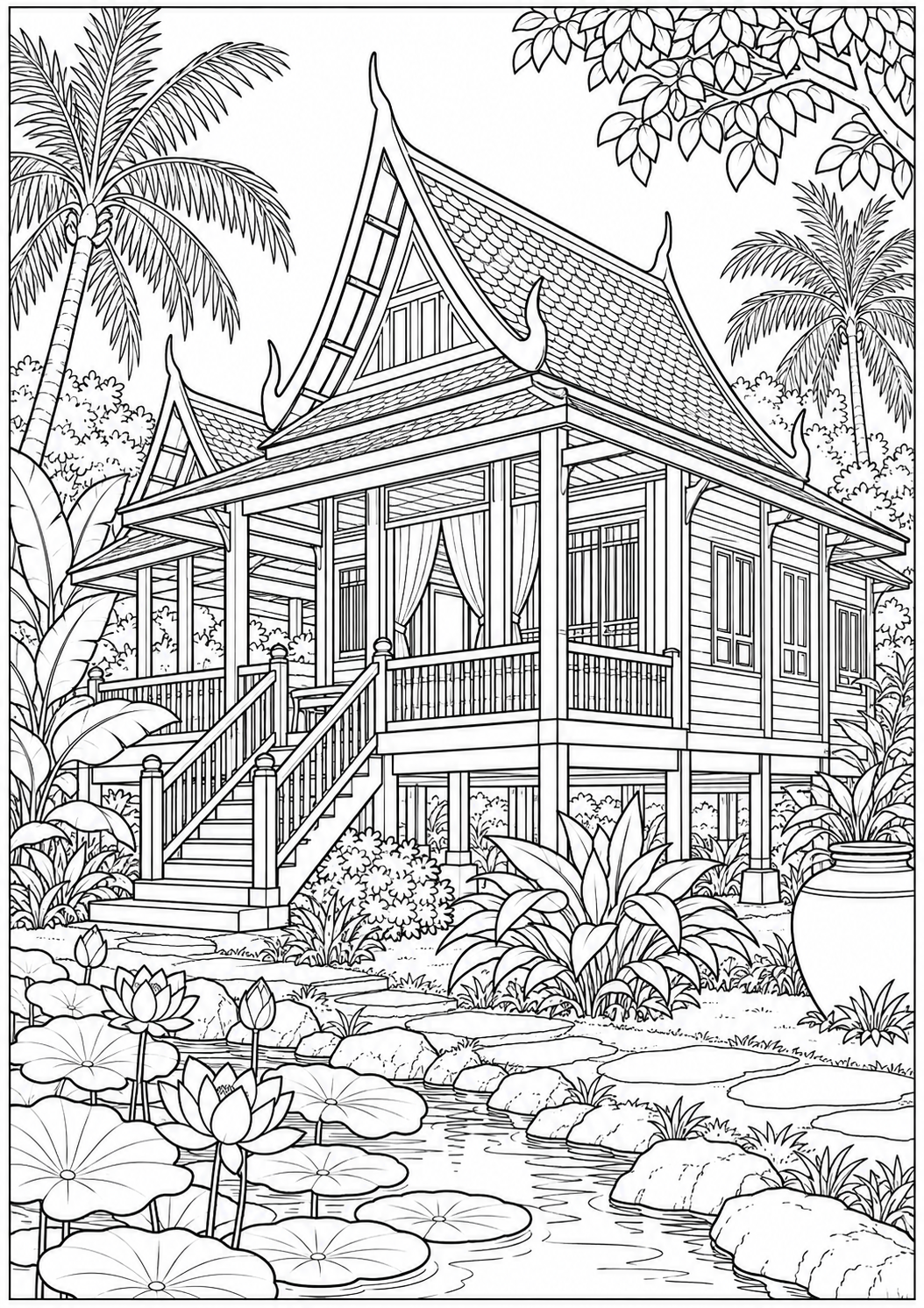 A Thai wooden house — black-and-white adult coloring page