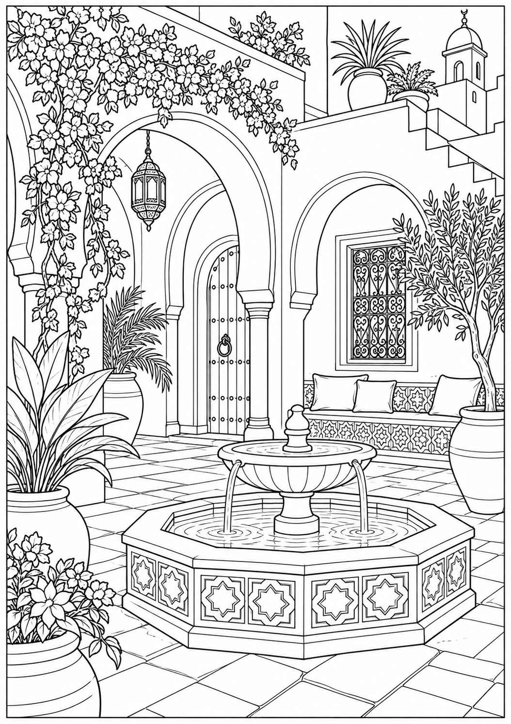 A Tunisian courtyard — black-and-white adult coloring page