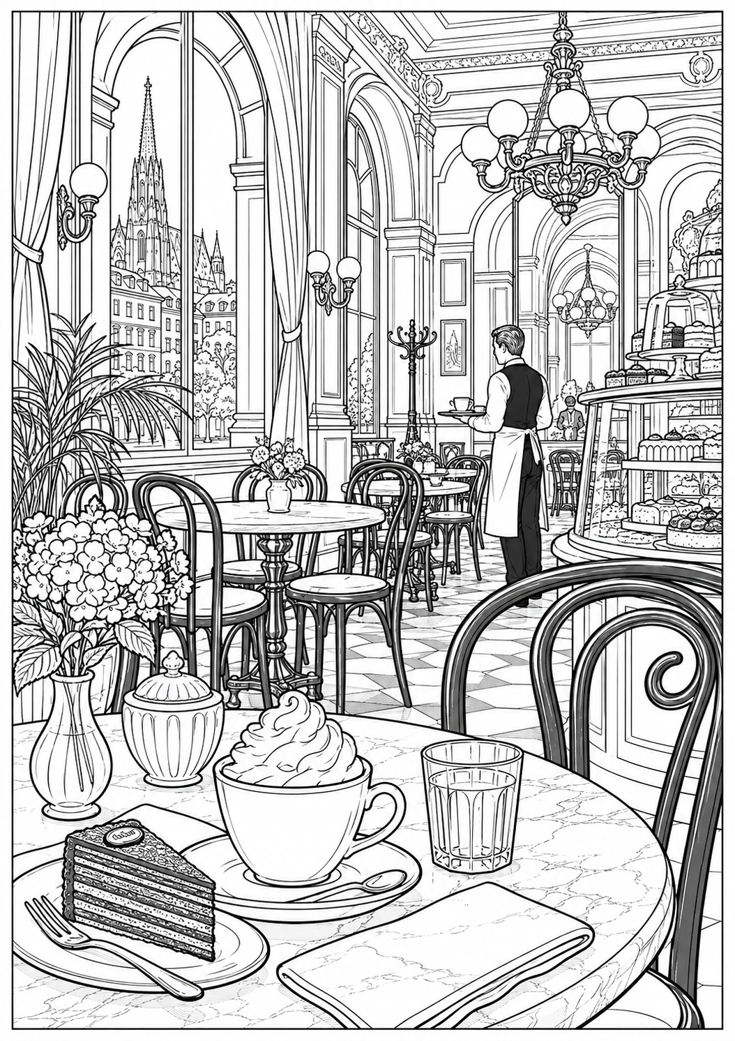 A Viennese coffeehouse — black-and-white adult coloring page