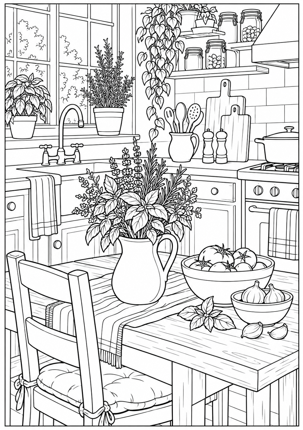 A warm kitchen with herbs — black-and-white adult coloring page