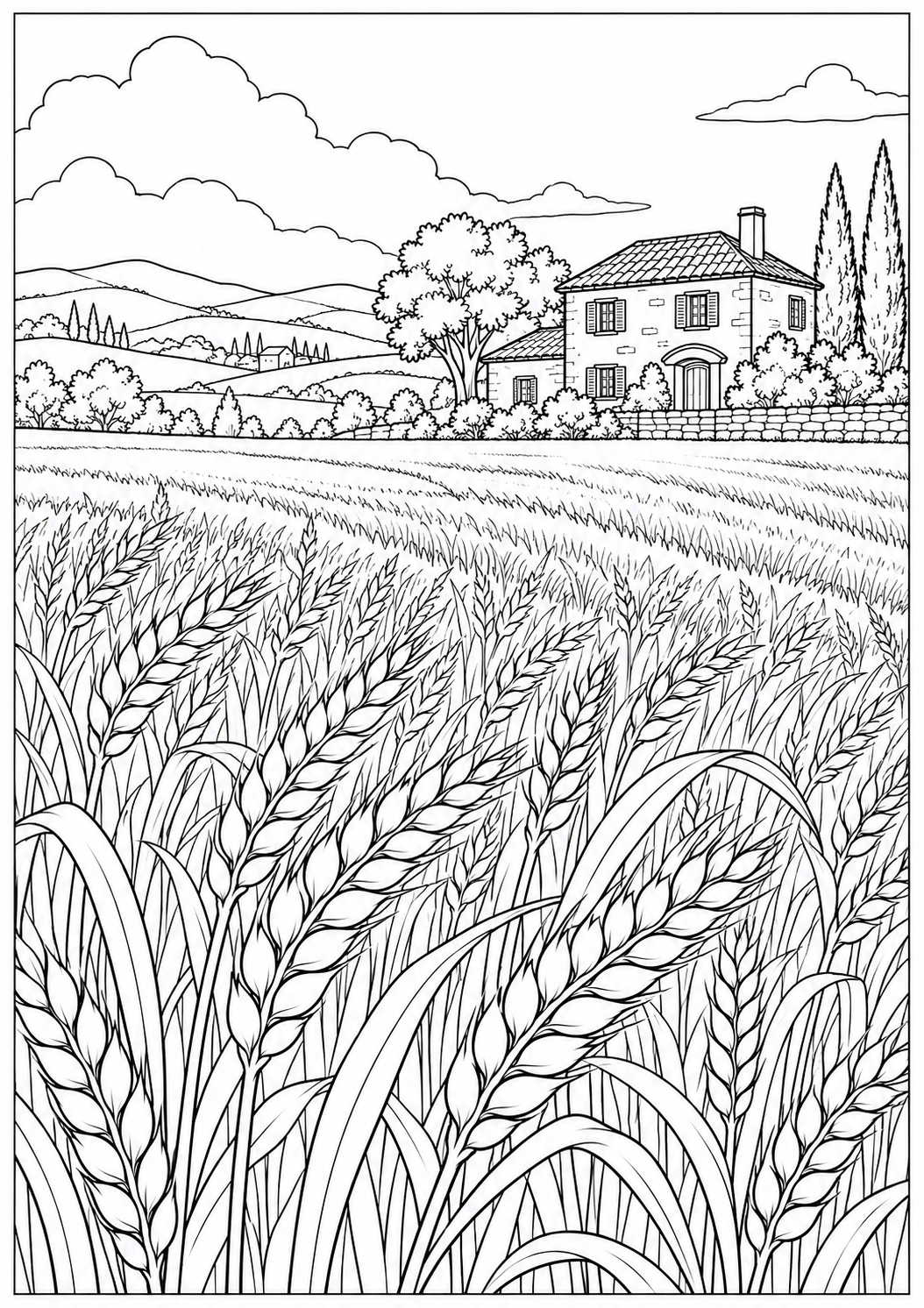 A wheat field with a farmhouse — black-and-white adult coloring page