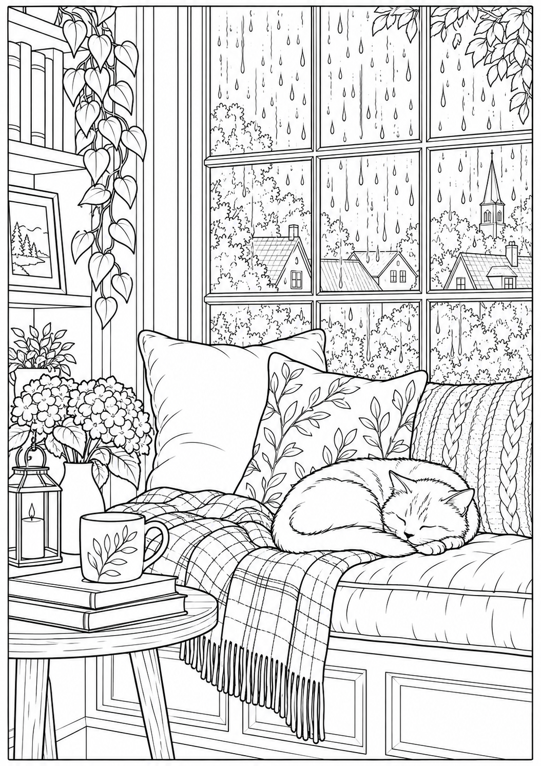 A window seat on a rainy day — black-and-white adult coloring page