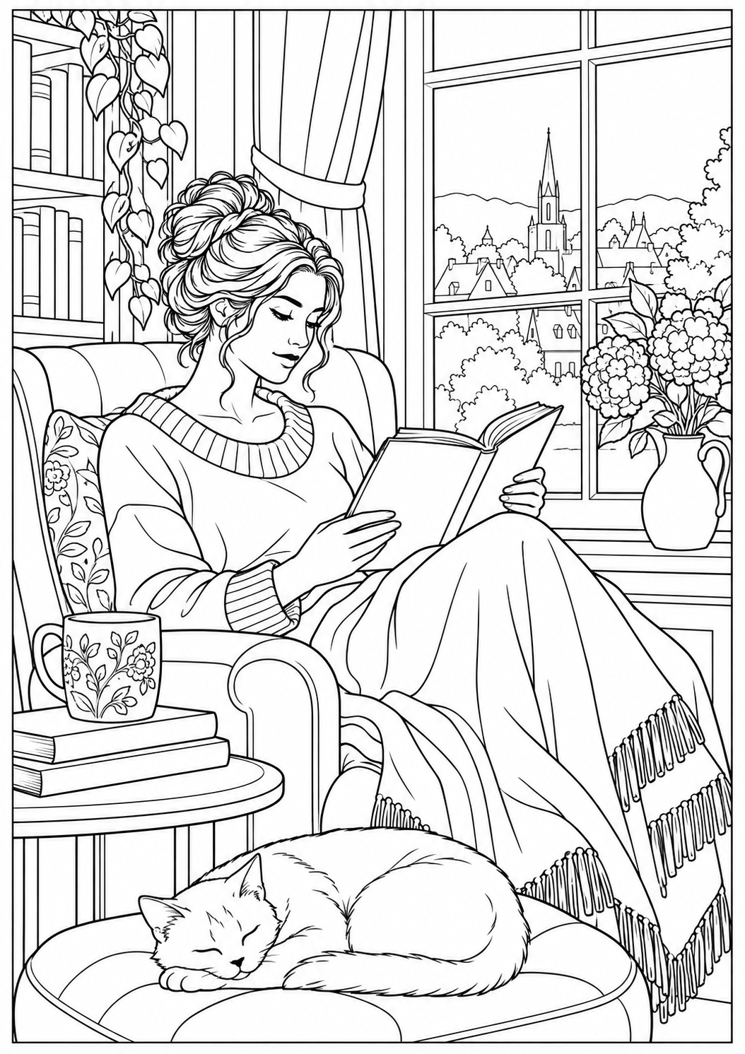 A woman reading by a window — black-and-white adult coloring page