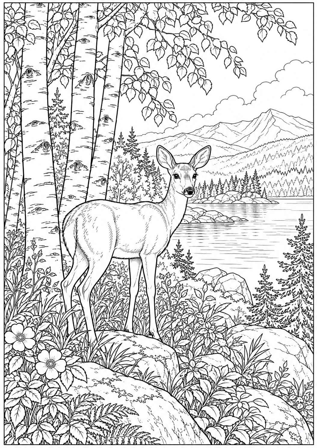 A woodland edge with birches — black-and-white adult coloring page