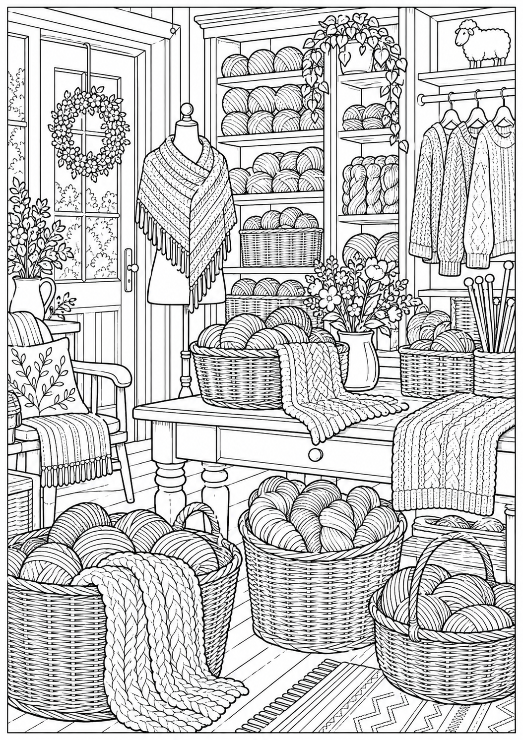 A wool shop full of baskets — black-and-white adult coloring page