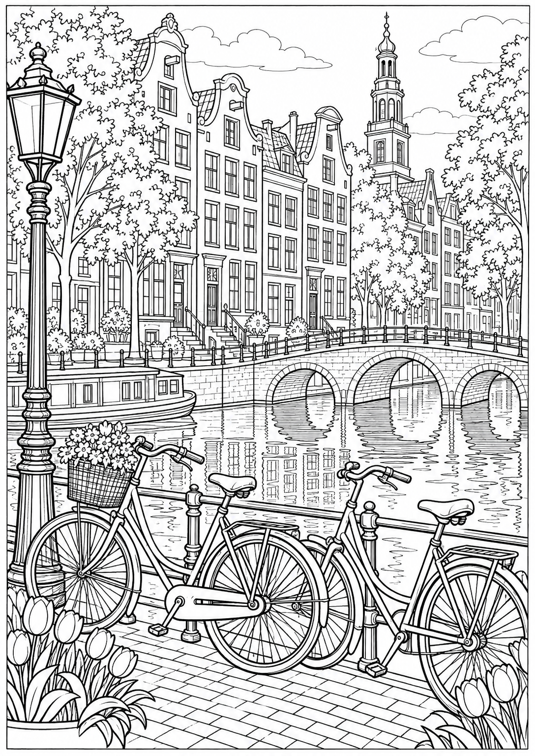 Along the Amsterdam canals — adult coloring page