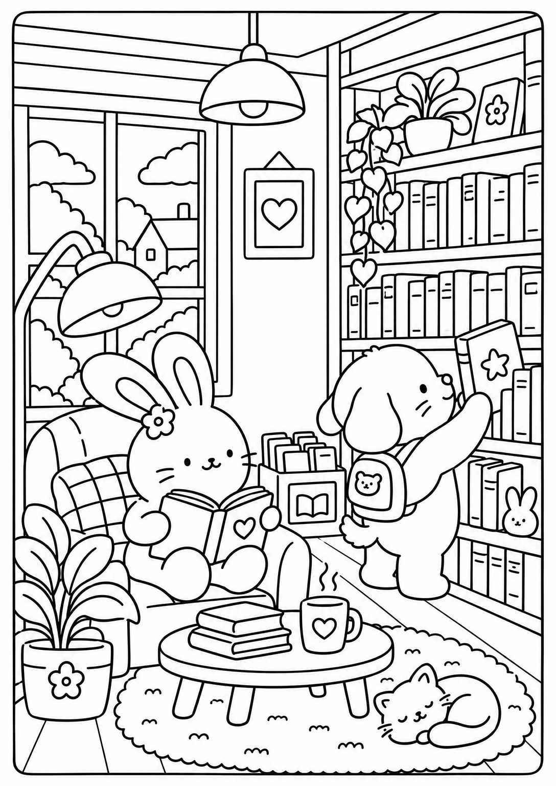 An afternoon in the bookshop — adult coloring page
