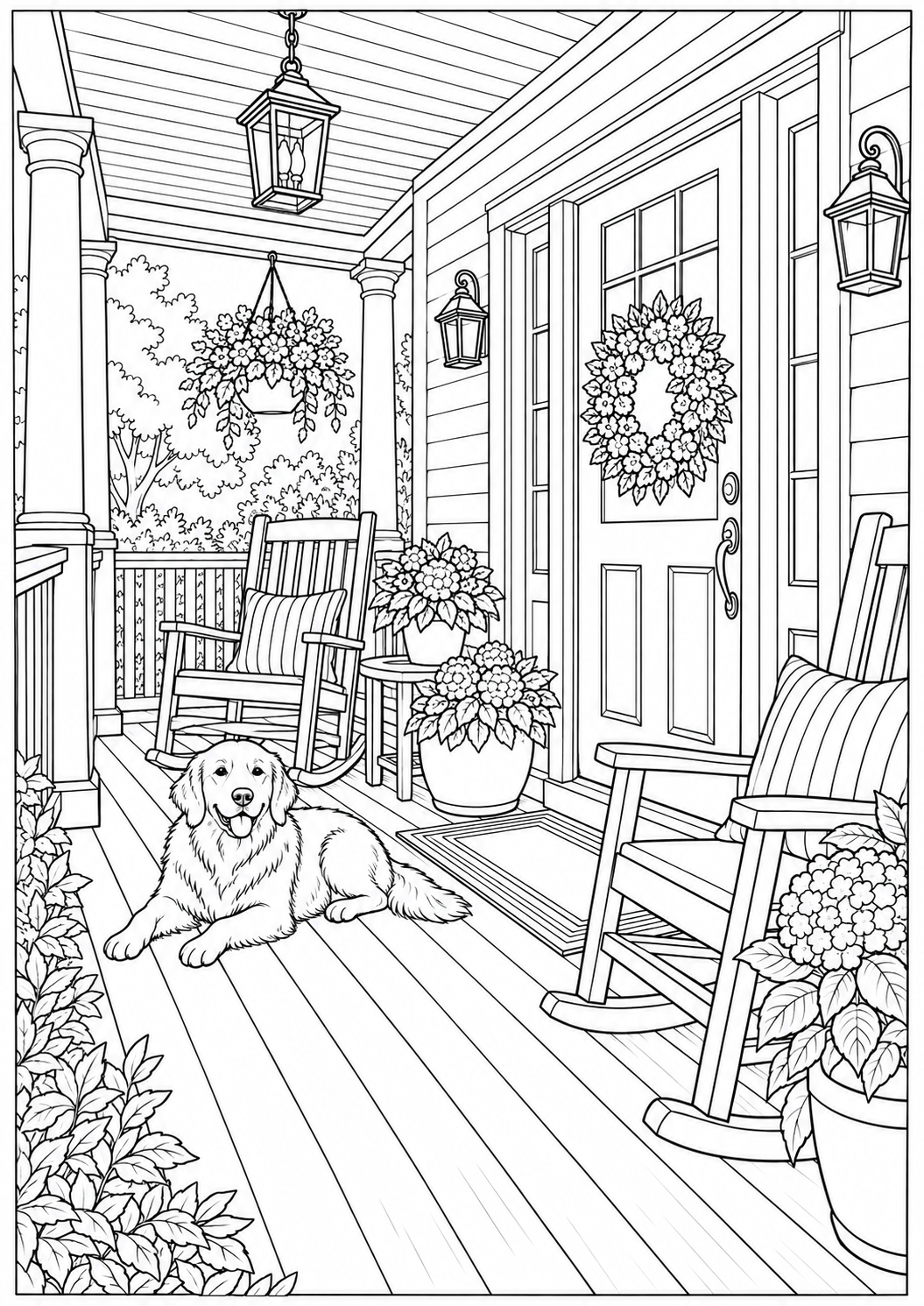An American front porch — black-and-white adult coloring page