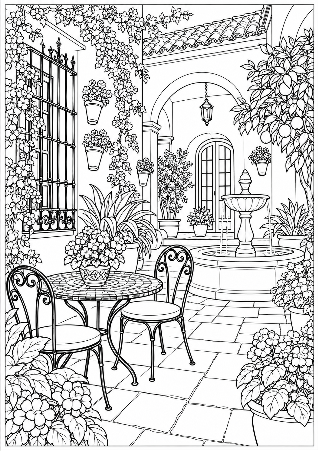 An Andalusian patio — black-and-white adult coloring page