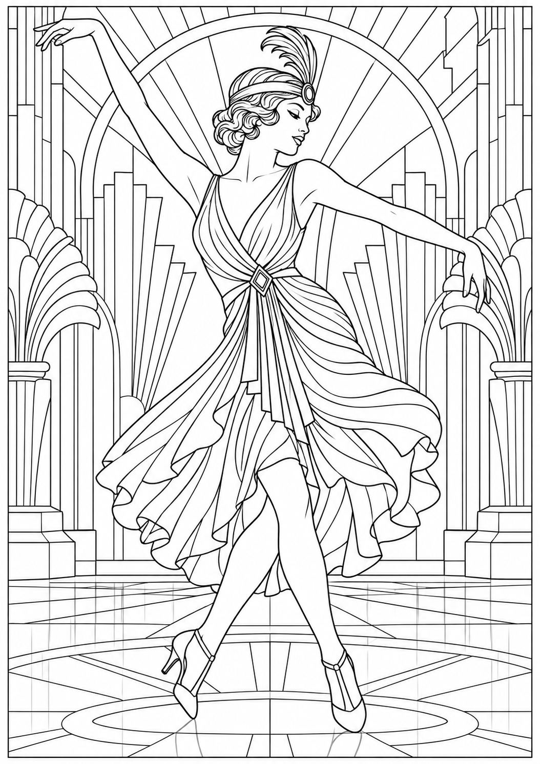 An Art Deco inspired dancer — black-and-white adult coloring page