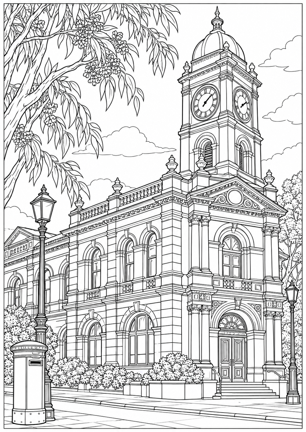 An Australian historic post office — black-and-white adult coloring page