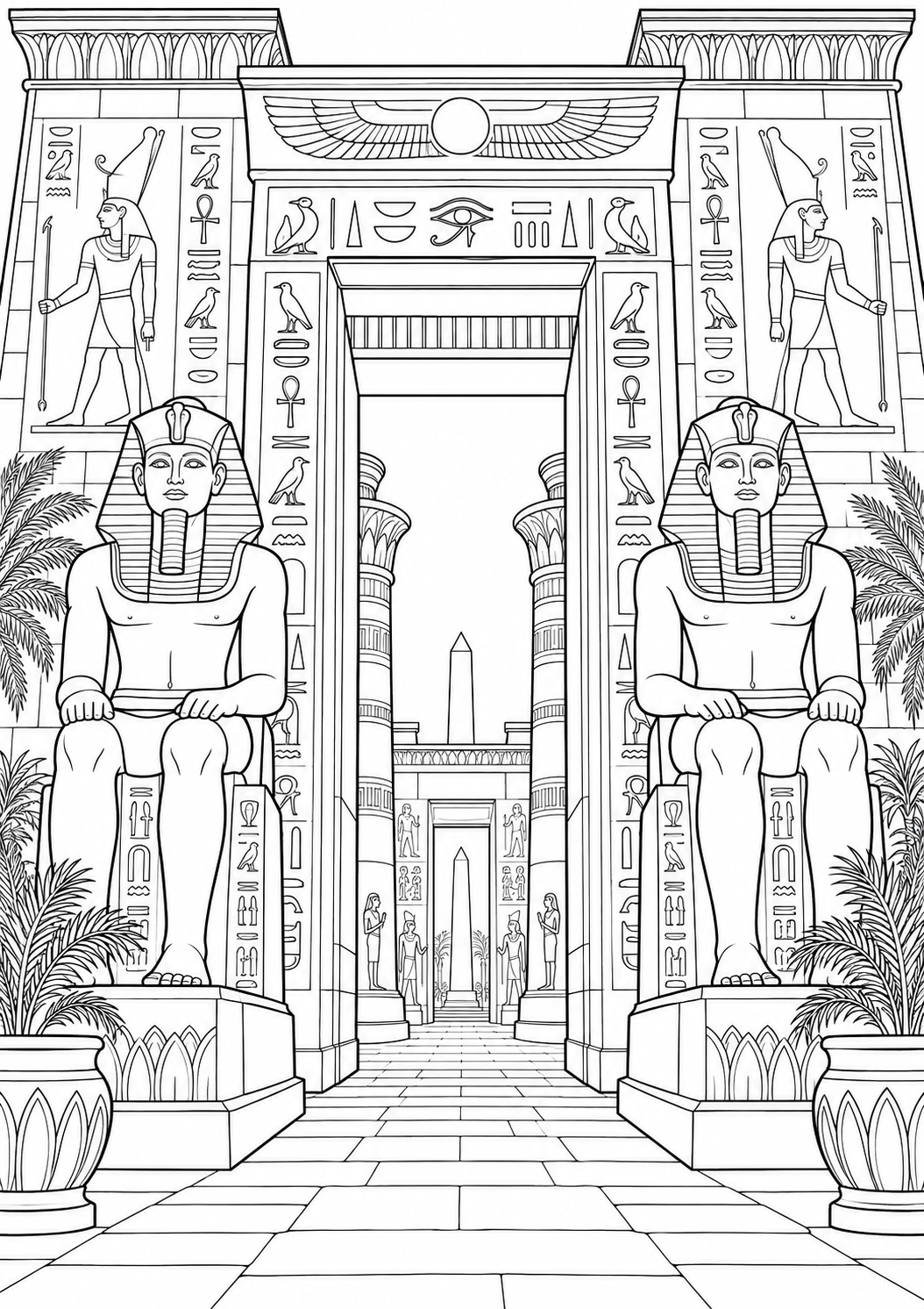 An Egyptian temple gateway — black-and-white adult coloring page