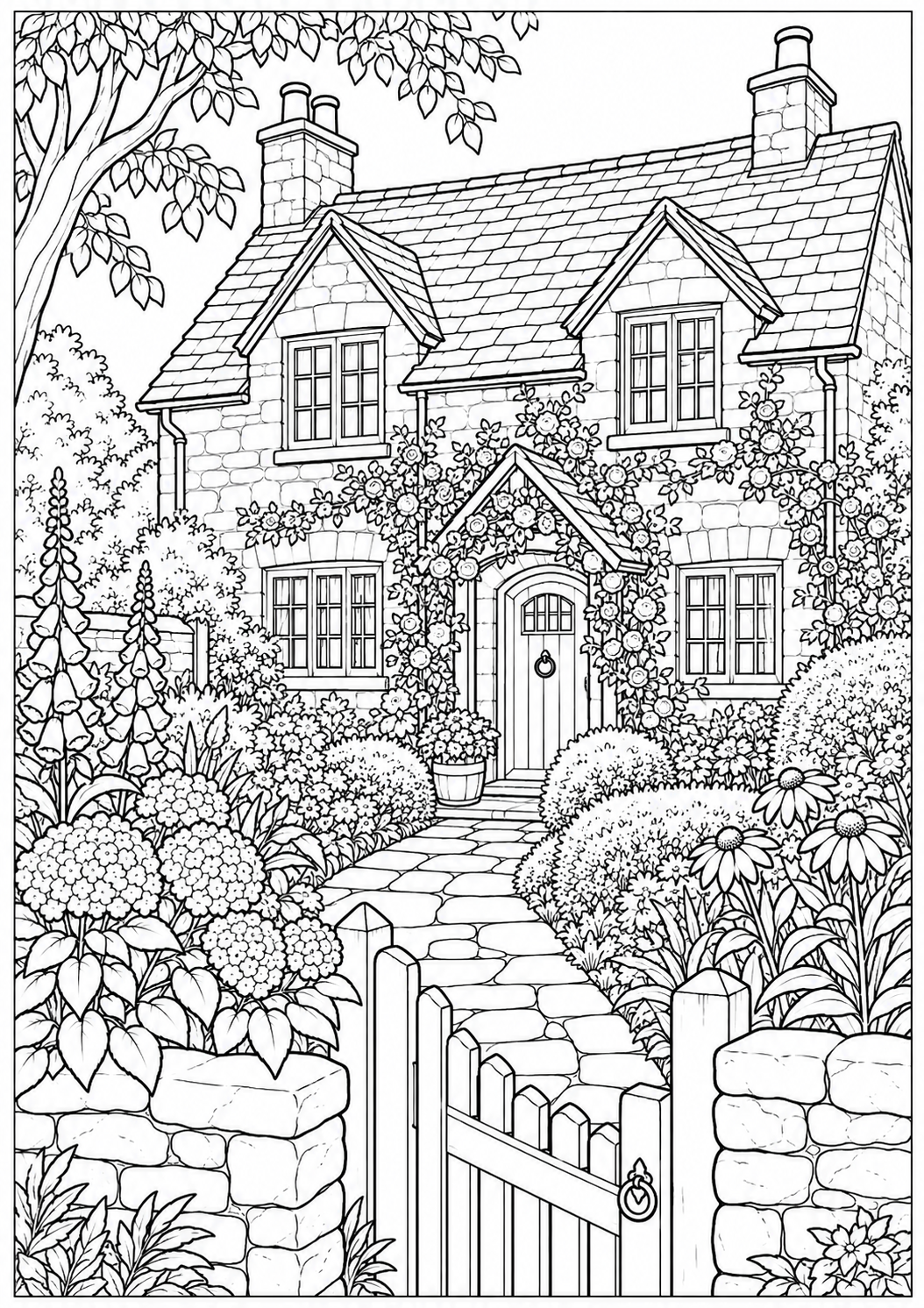 An English cottage with a garden — black-and-white adult coloring page