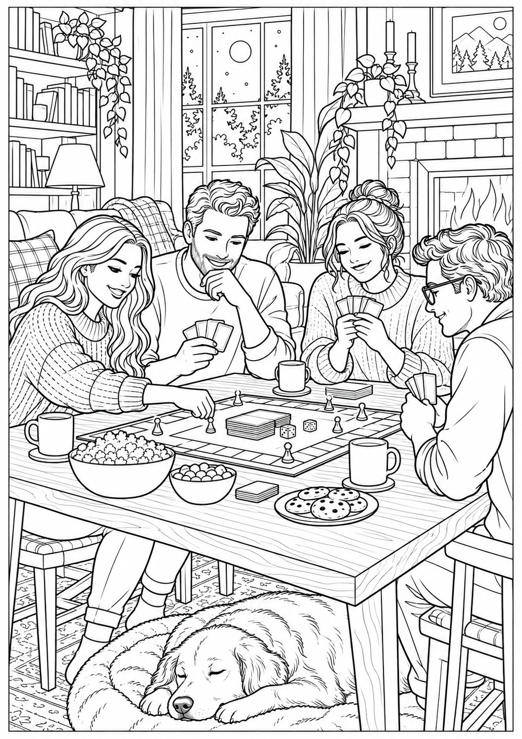 An evening with board games — black-and-white adult coloring page