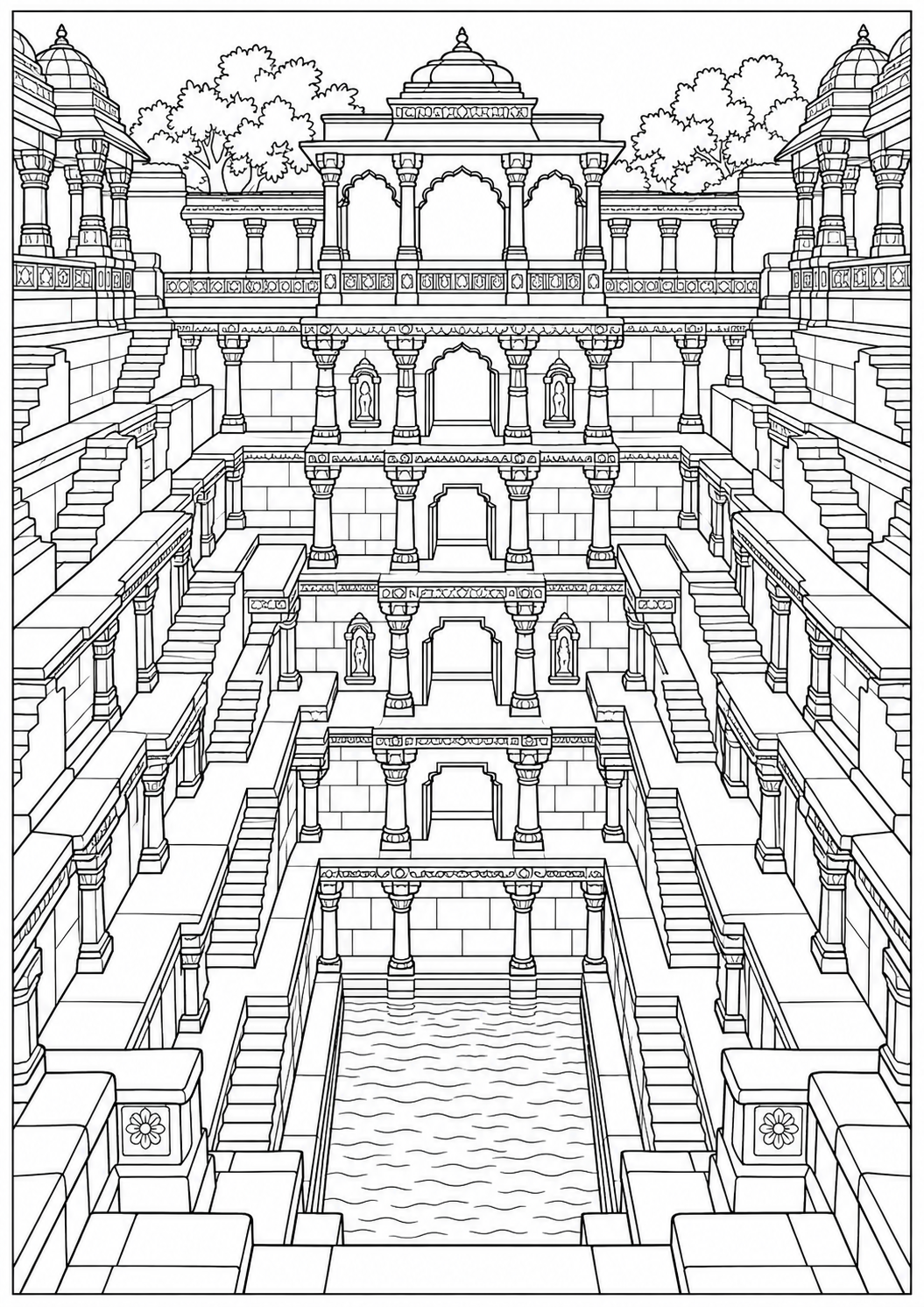 An Indian stepwell — black-and-white adult coloring page