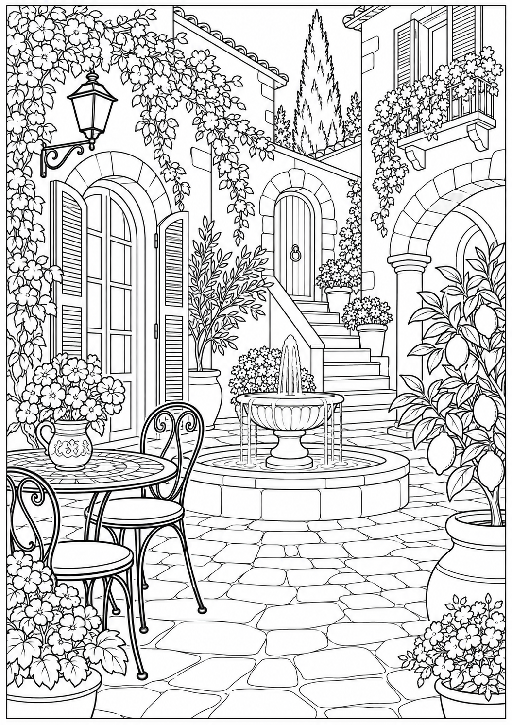 An Italian courtyard — black-and-white adult coloring page