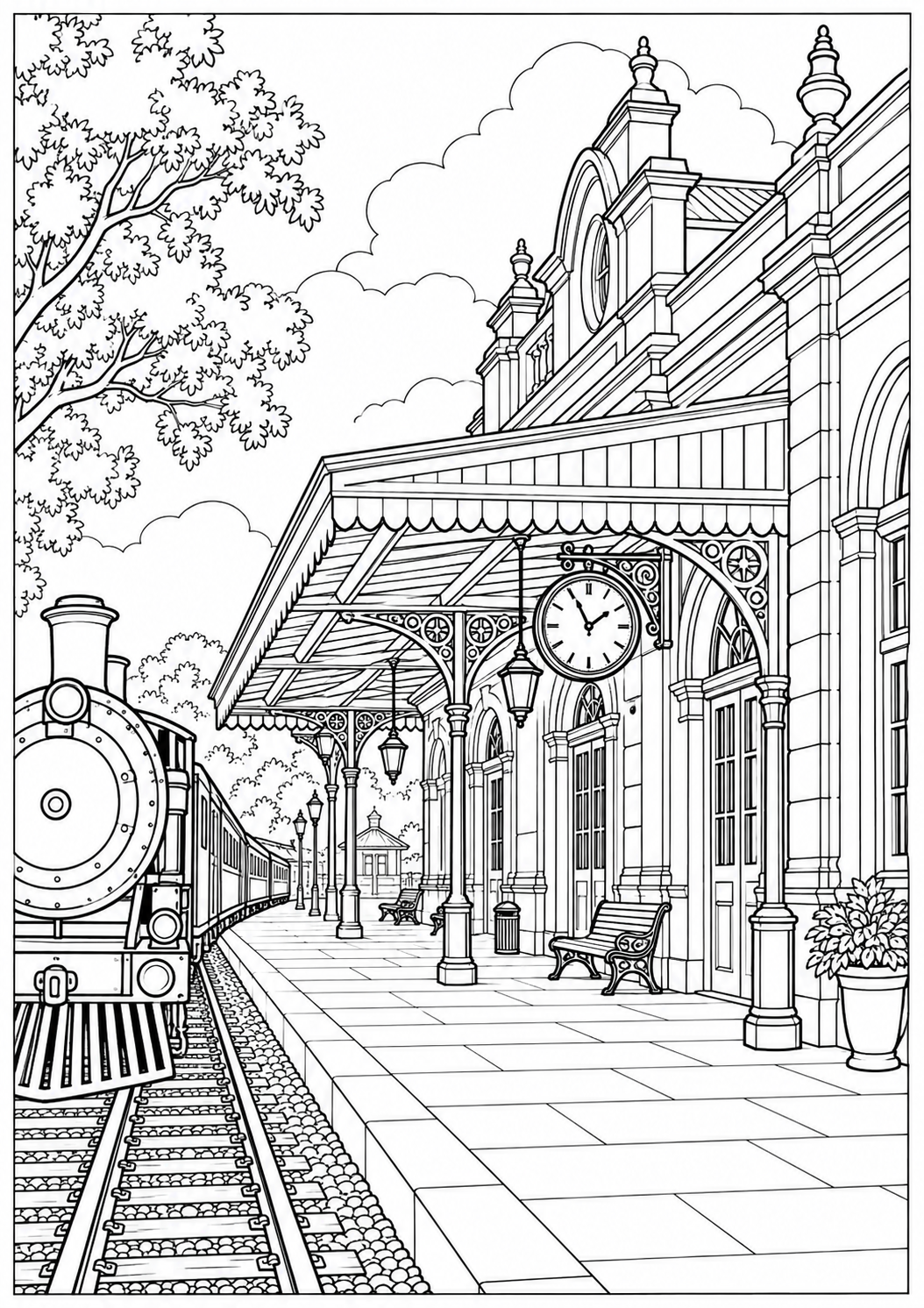 An old Argentine railway station — black-and-white adult coloring page