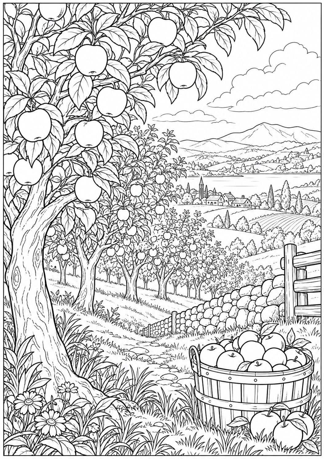 An orchard on a hillside — black-and-white adult coloring page