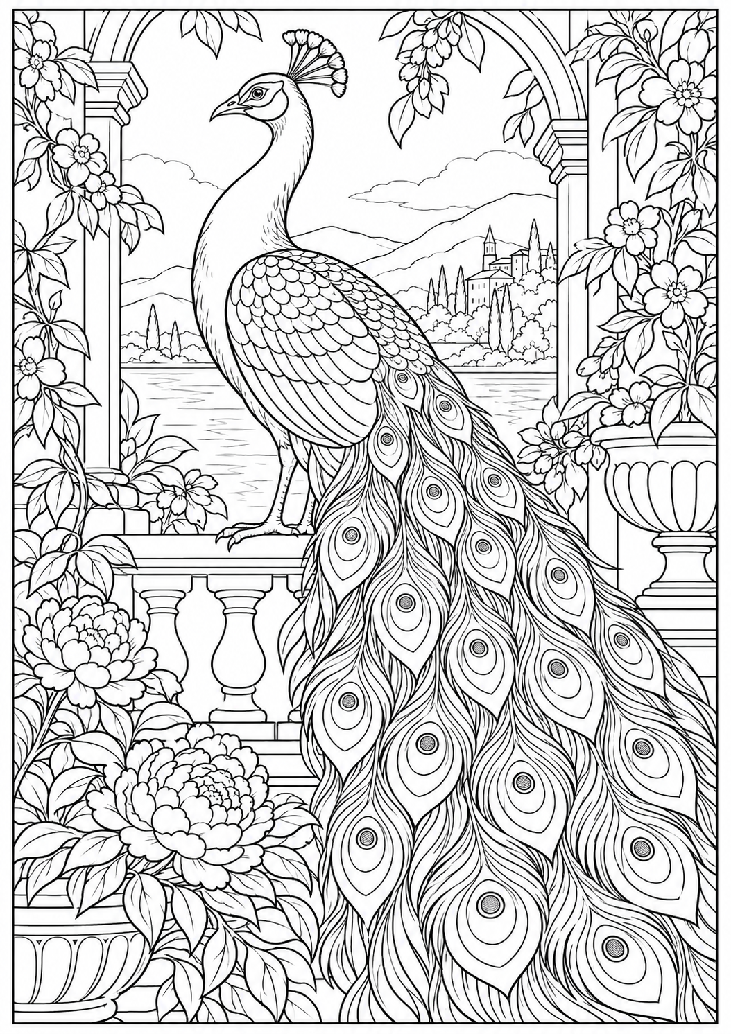 An ornamental tapestry composition — black-and-white adult coloring page