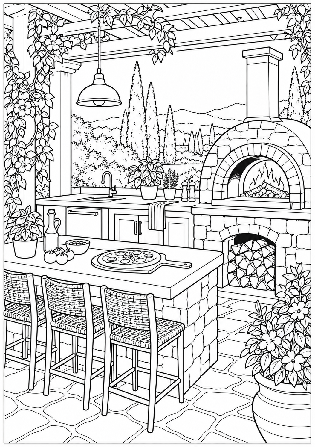 An outdoor kitchen with a pizza oven — black-and-white adult coloring page
