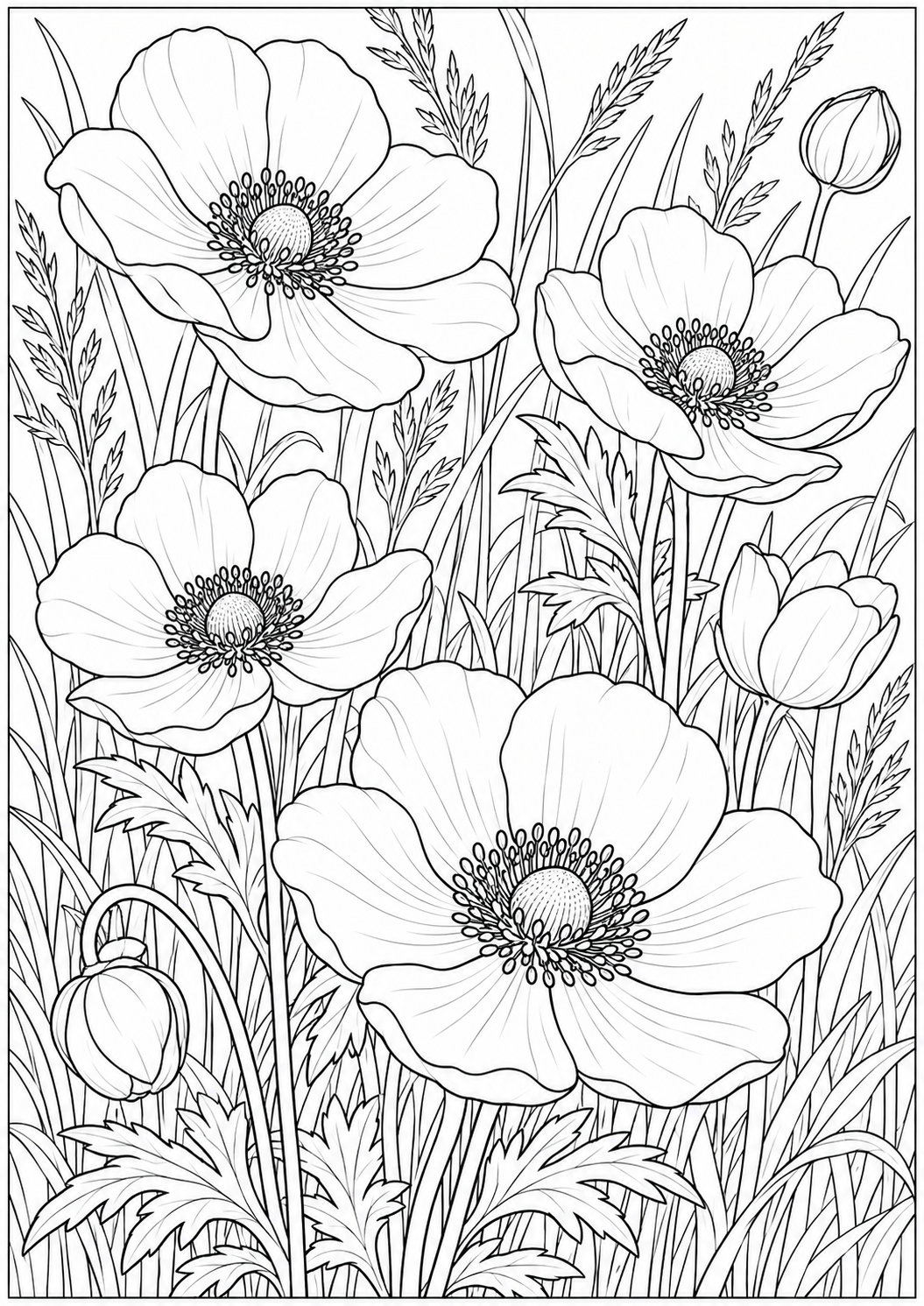 Anemones among grasses — black-and-white adult coloring page