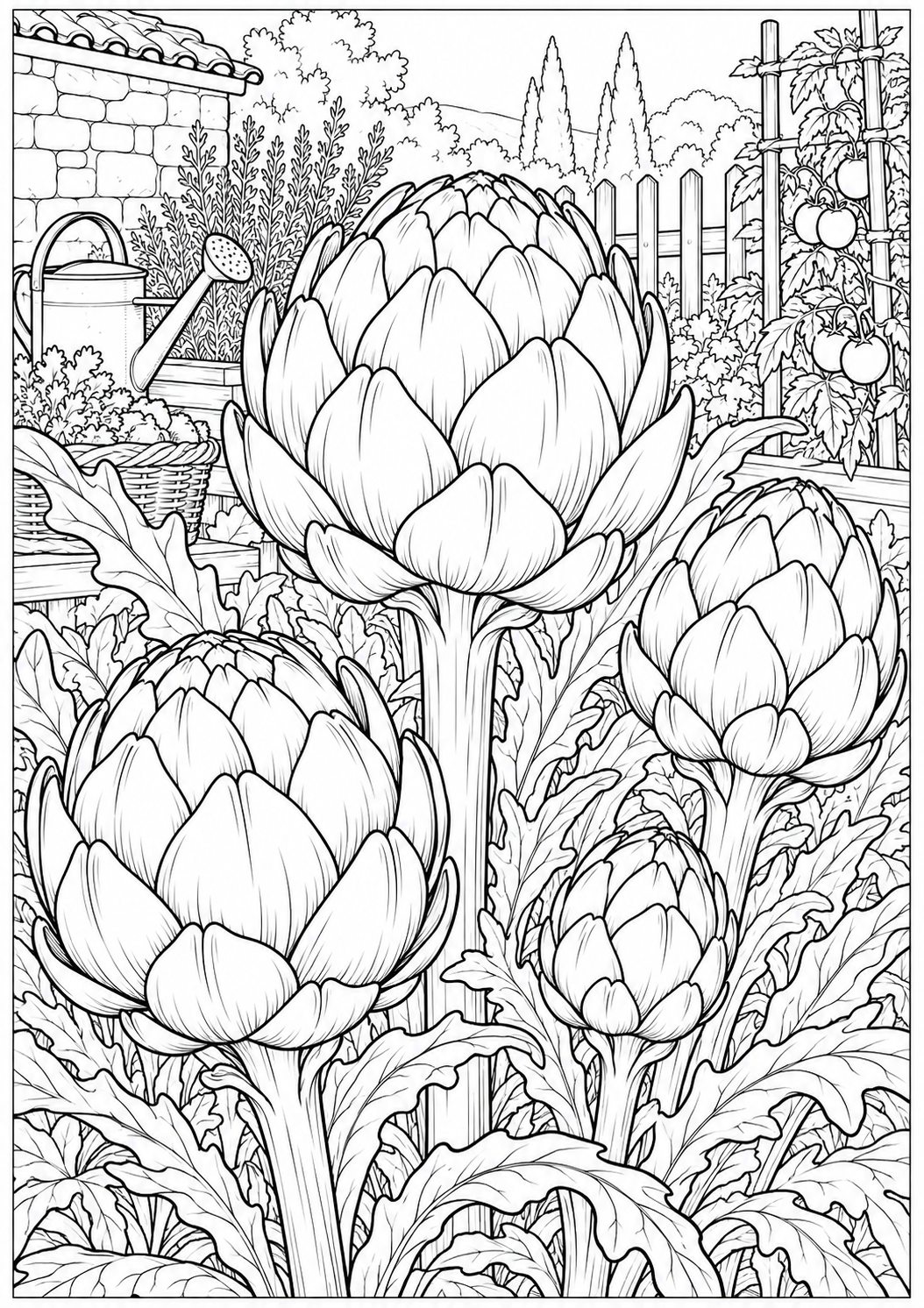Artichokes in a kitchen garden — black-and-white adult coloring page