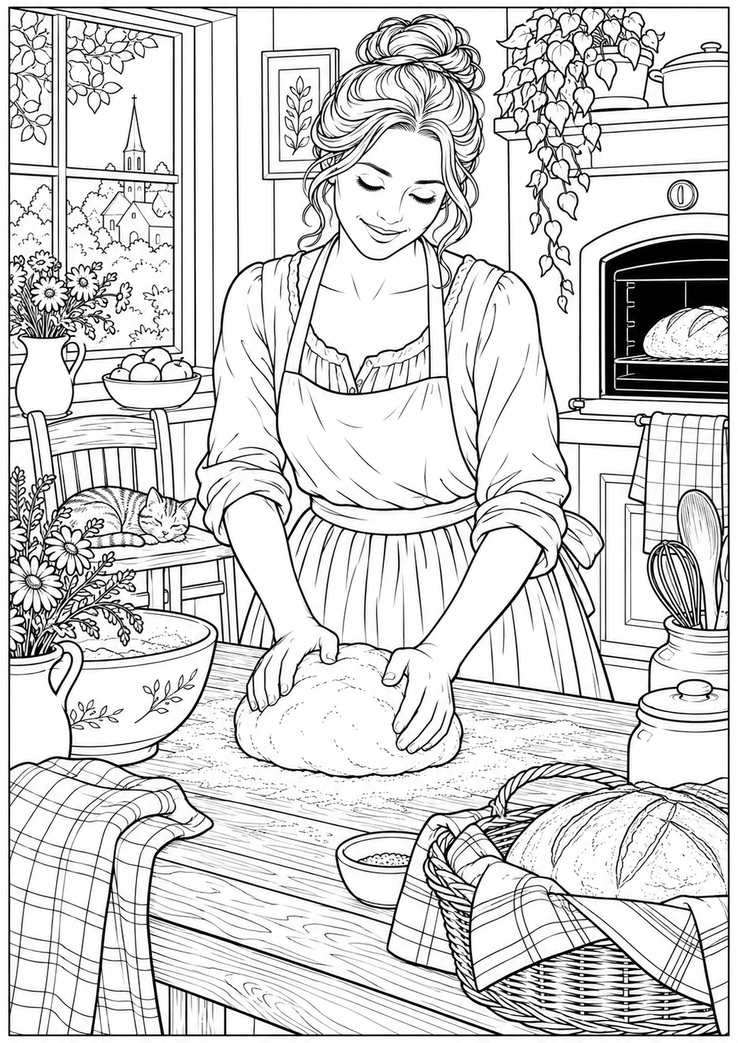 Baking bread on Sunday — black-and-white adult coloring page