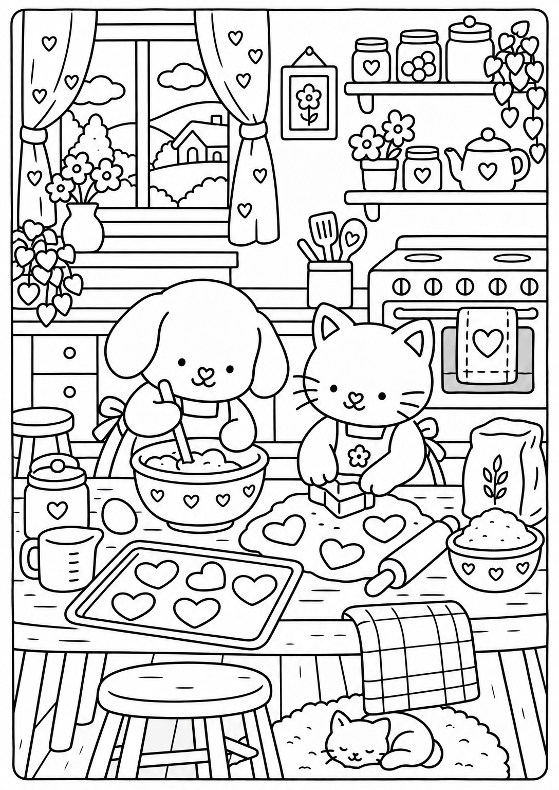 Baking cookies together — adult coloring page