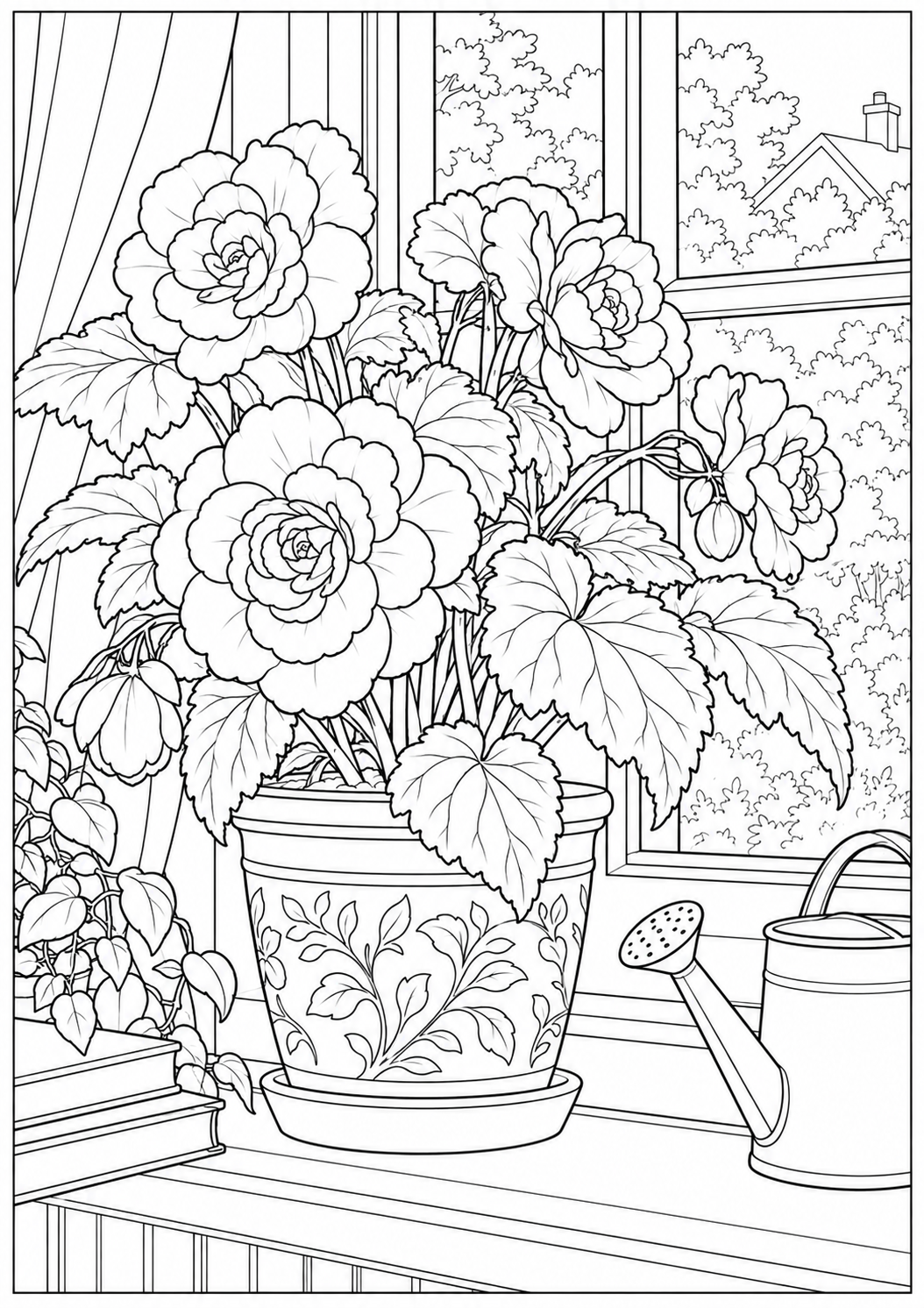 Begonias on a windowsill — black-and-white adult coloring page