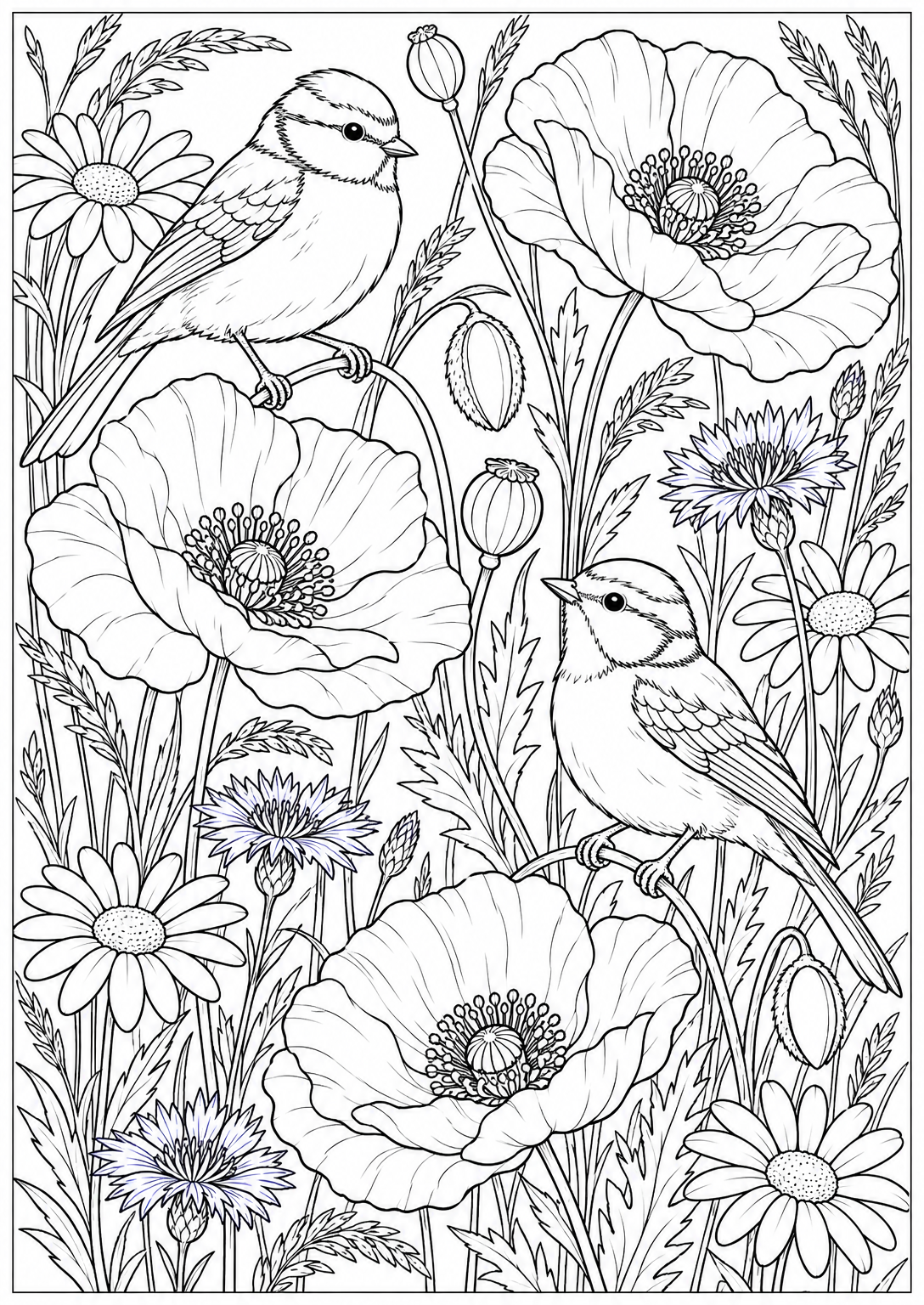 Birds among wildflowers — adult coloring page